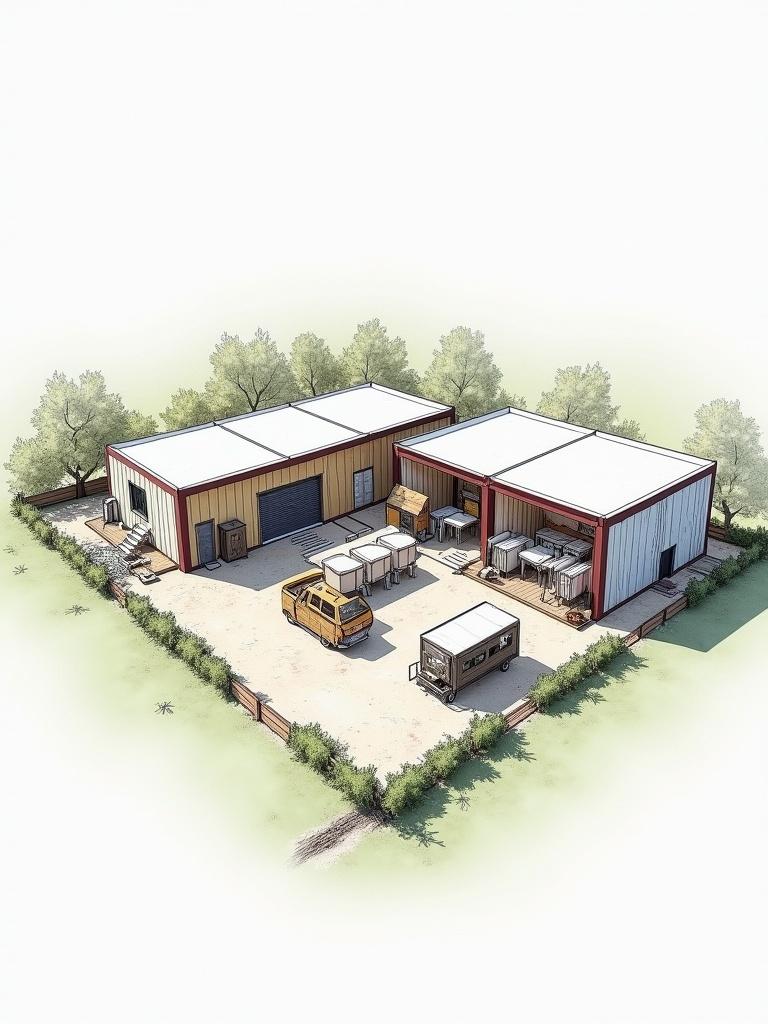 Sketch of a manufacturing facility for pet food. Includes three separate rooms. Total area measures 100 square meters. Design features surrounding vegetation and a storage area.