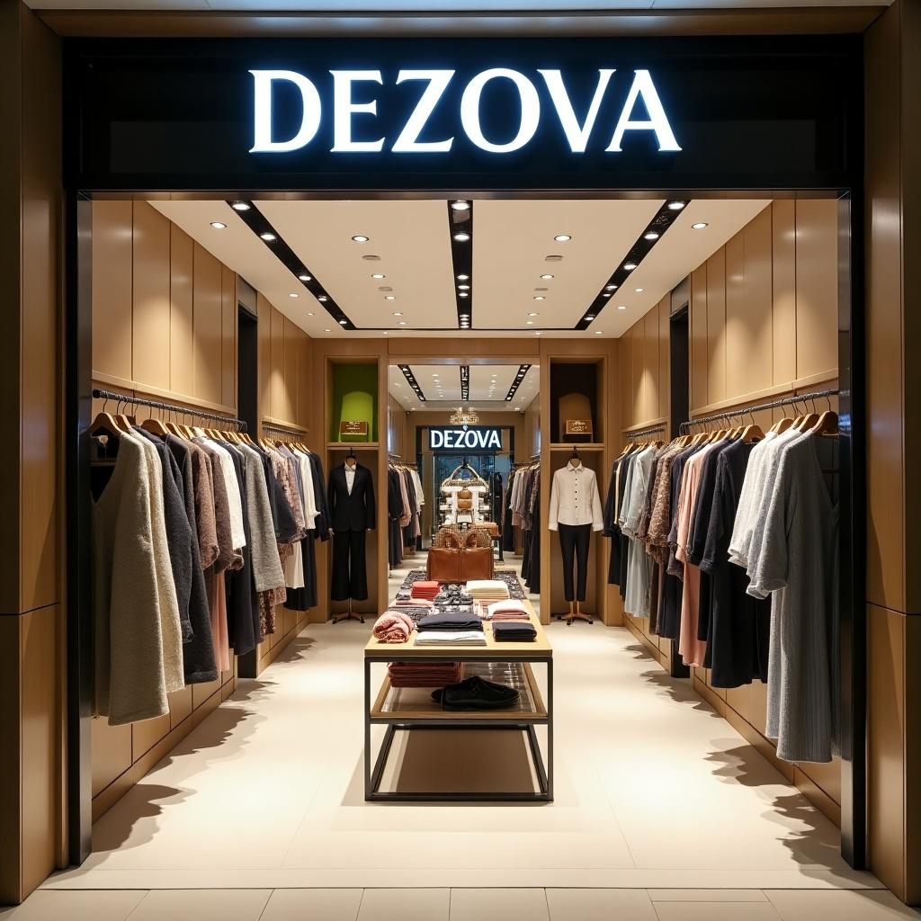 A stylish fashion store interior showcasing elegant clothing under the prominent brand logo 'DEZOVA'. The store features well-organized racks of clothing along the walls, with a central display table highlighting neatly folded garments and accessories. The lighting is bright and inviting, enhancing the shopping experience. The overall aesthetic is modern and upscale, appealing to a fashion-conscious clientele. The color palette includes warm tones combined with sleek design elements, creating an elegant atmosphere.