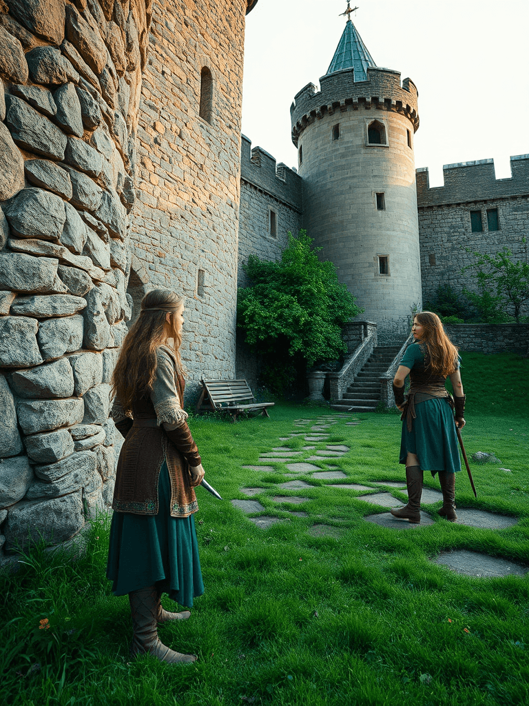 Two people dressed in medieval attire stand outside a stone castle, one holding a dagger.