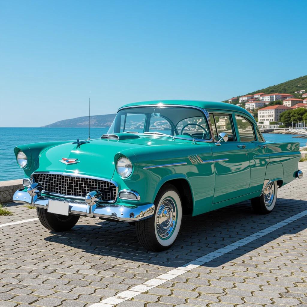 Ultra-sharp archival shot of a vintage 1950s car on the Black Sea Coast in turquoise color. Photograph captures car occupying 90% of the frame. Bright sunlight reveals details of the paint and water droplets on the car. Background features turquoise ocean waves crashing against cliffs. Perfectly depicts classic automotive design.