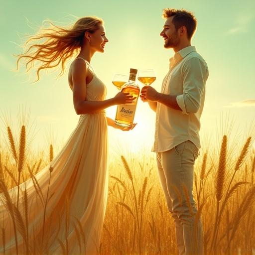 Fetching modern Venus goddess in mid-thirties stands in field of golden barley on windy day. She holds lower apothecary-style bottle of ALFRUNO elixir. Offering toast with cocktail glass to male partner with joyful expression. Bottle radiates soft, golden glow. Cork lid and elegant hang tag display name 'ALFRUNO' in script. Scene bathed in soft light with breezes rustling barley. Artwork in watercolor style reminiscent of Alphonse Mucha and WLOP.