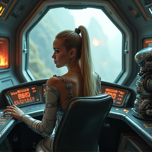 Creative portrait of an alien woman with metallic implants in a galactic ship cockpit. Illuminated dashboard with a robot guard beside her. Erupting volcano visible outside. Dark, decadent atmosphere. Futuristic full body shot of a blonde cyborg with a ponytail.