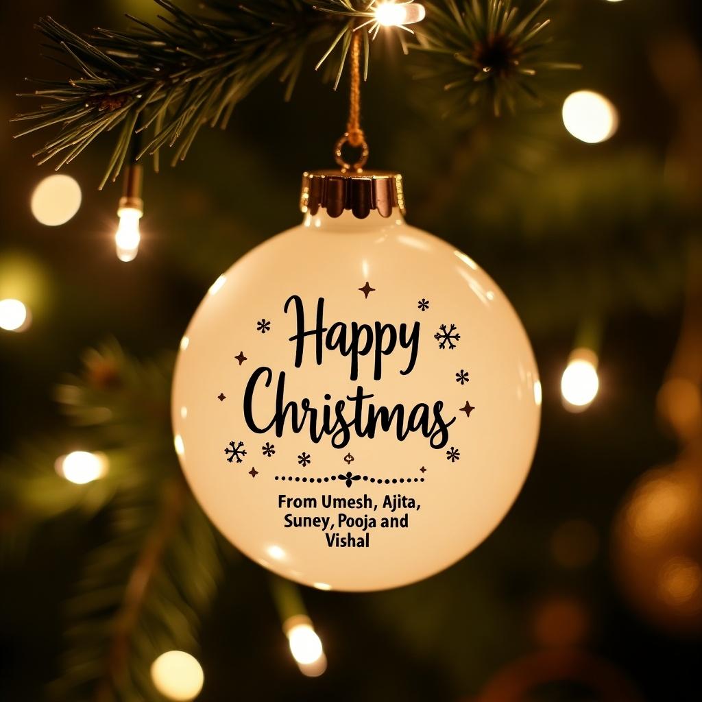 A white Christmas bauble features the text Happy Christmas followed by names Umesh Ajita Suney Pooja and Vishal. Background contains twinkling Christmas lights. Scene conveys a festive atmosphere. Bauble hangs from a Christmas tree branch.