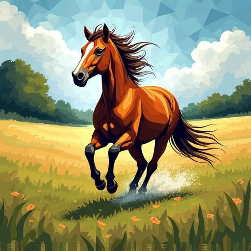 A vibrant digital mosaic illustration of a horse galloping through a field. The horse and environment are formed by bold defined non-overlapping square polygonal tiles. Each tile features a single unblended color from a palette of natural browns and greens. The artwork conveys depth and visual richness purely through the interplay of these distinct faceted mosaic elements without any painterly blending.