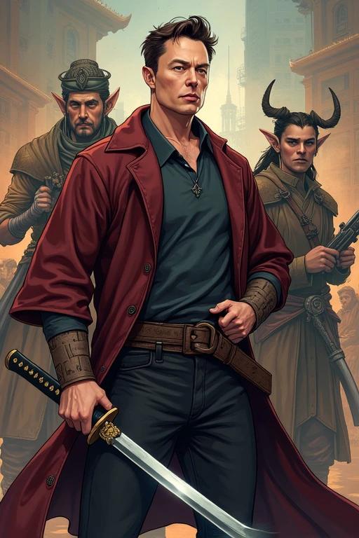 Animated character holding a katana surrounded by mythical creatures. The scene reflects interests in fantasy and gaming worlds. Character wears a stylish coat possessing a confident demeanor. Background suggests an urban setting infused with magical elements.