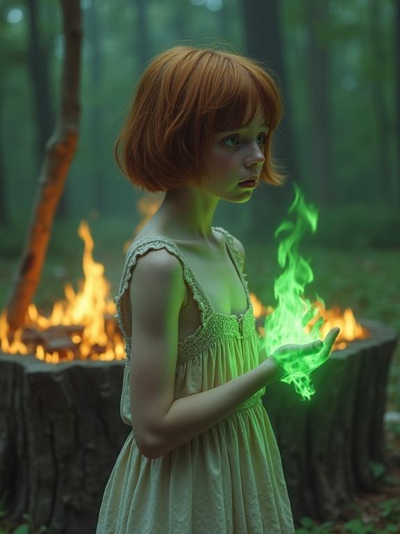 Photorealistic image of a teenage girl with auburn hair. She has smooth pale skin and visible freckles. Her pale blue eyes reflect horror. She's wearing a torn dress. Green flames engulf her hands. She stands before a burning wooden platform. A large wooden stake protrudes from it. The image captures her full body.