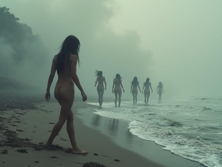 Naked women walking along a foggy beach. Smoke enveloping the scene. Evocative and atmospheric setting.