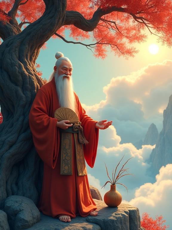 A Zen Master leans against a majestic ancient pine tree. He wears loose, tattered robes in orange hues. A worn fan is held gently in one hand. A wine gourd is seen at his waist. Immortal mist swirls around, with clouds lit by sunlight in the background. The scene captures the essence of Eastern cultivation, blending elements of realism and dynamism in a high-saturation color palette. A serene yet humorous expression is visible, suggesting wisdom and lightheartedness.