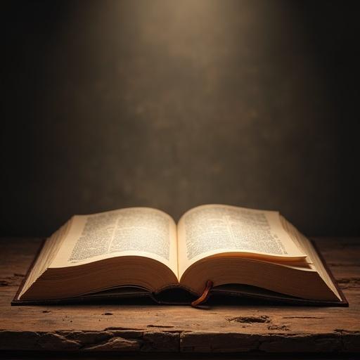 Mockup of an open book in an epic scene on a wooden table. Soft lighting highlights the pages with warm tones.