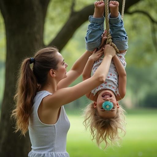 Mother hangs daughter upside down on tree branch using a rope. Daughter has oversized pacifier in mouth. Playful interaction in natural setting. Engaging in outdoor fun together.