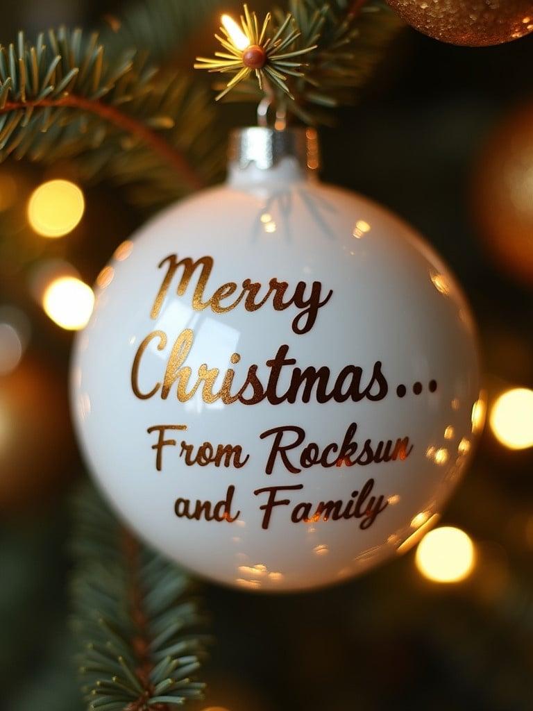 Close-up of a white Christmas bauble with text 'Merry Christmas...From Rocksun and Family'. Twinkling lights in background enhance the magical ambiance.