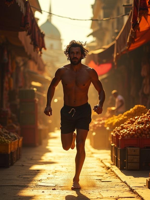 Photorealistic cinematic frame captures a man running towards the camera in a market. He has jet-black hair and glistening sweat. Sun-bleached fruit crates surround him. Light shines through the alleyways. There are flying scarves and a heat haze. The scene is vibrant and dynamic.