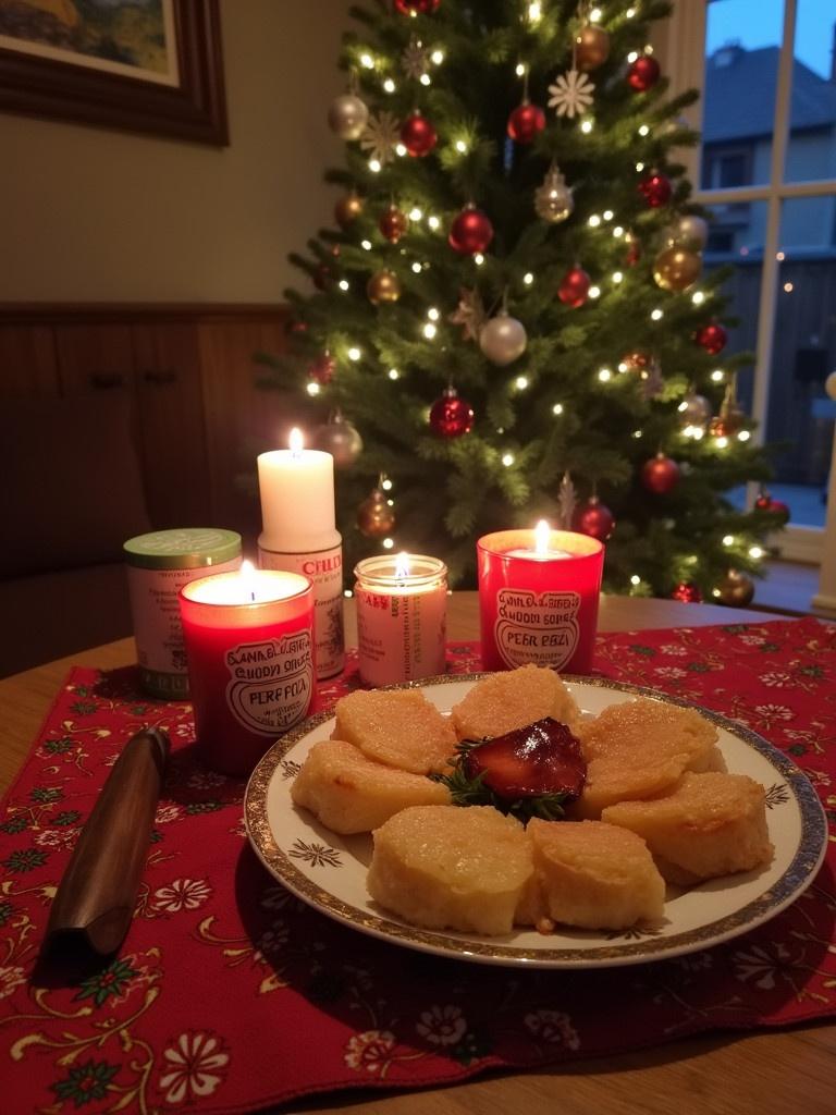 A festive table setting for a celebration. A plate of traditional desserts is placed on a red patterned tablecloth. Candles are lit around the table creating a cozy atmosphere. Christmas tree with decorations is in the background. The scene evokes togetherness and joy during the holidays.