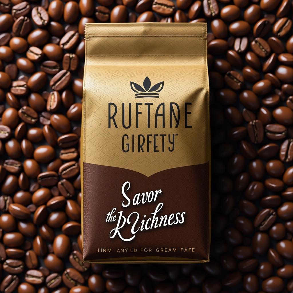 Create an image showing coffee label design for premium brand. Bold typography at the top for brand name. Subtle coffee bean pattern in background. Deep browns and warm golds in the color palette. Short tagline at the bottom emphasizing quality and flavor. Convey luxury and craftsmanship.