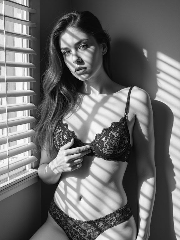 Photograph of a woman wearing a lace bra and matching briefs. She is in a room with horizontal blinds. Striped shadows fall across her body. One hand grips the lace bra. The other hand rests on her thigh. The light creates a high contrast effect. The focus is on the textures of the lace and the interplay of light and shadows.