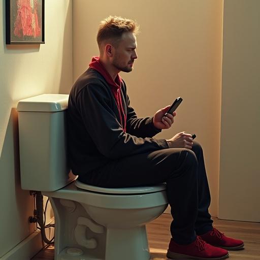 Man sitting on a toilet while playing with a handheld game console. Casual indoor setting with soft lighting. The focus is on leisure activity in an unconventional location.
