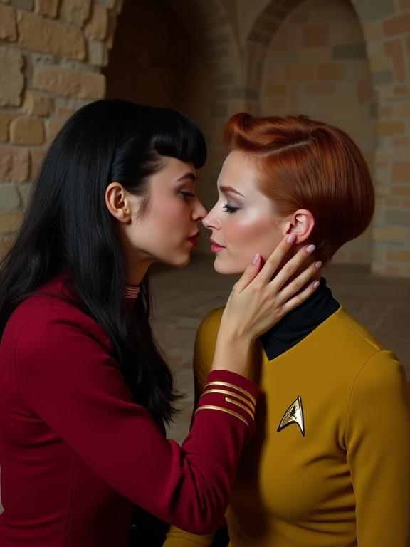 Photograph depicting two women in intimate moment. Women in Star Trek uniforms. Medieval-style interior with stone walls. Dim lighting creates atmosphere. Vulcan woman with dark bouffant and red uniform. Other woman with auburn bob and yellow uniform. Gentle touch of hands on faces. Emotional connection shown in close-up.