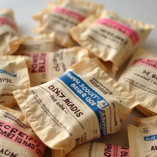 Variety of stick sachets arranged on a white surface