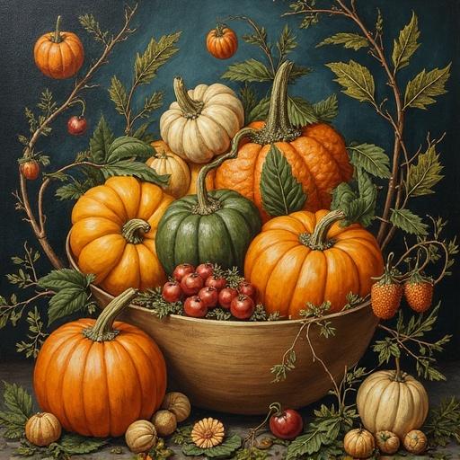 Still life painting of a cornucopia filled with pumpkins and fruits in warm autumn colors. Textured background with natural elements.