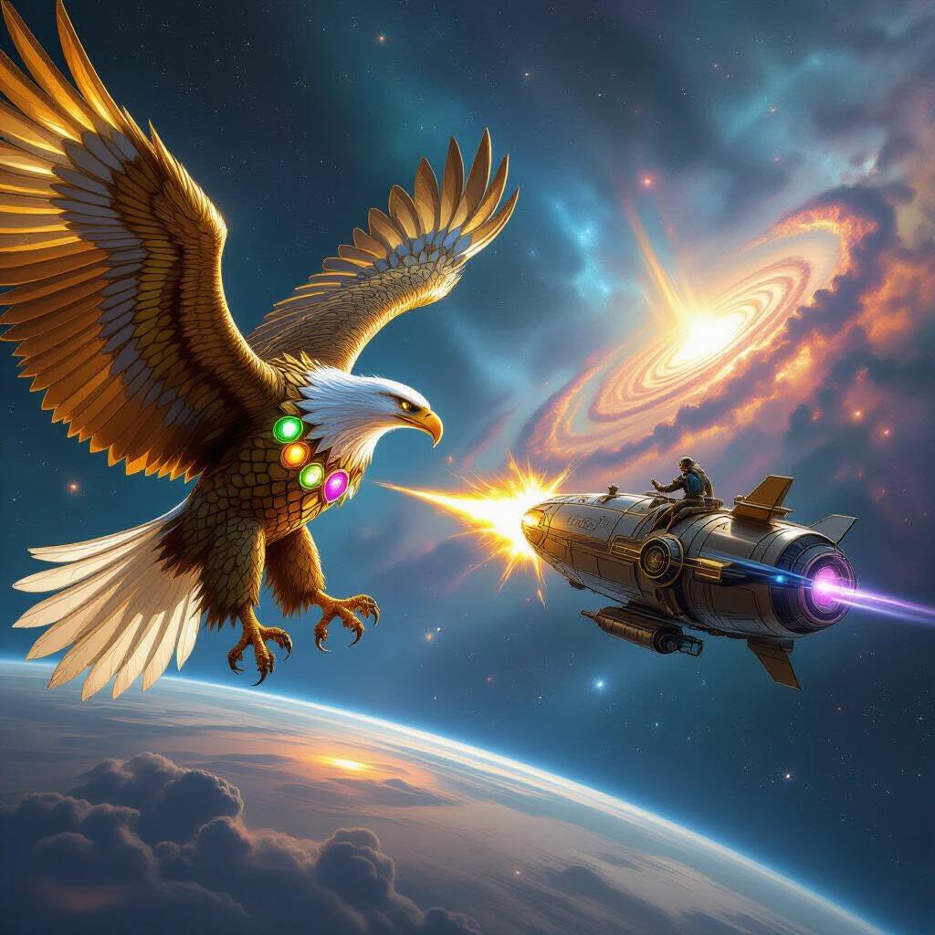 A giant golden eagle made of gold and covered in glowing gemstones faces off against a steampunk fighter ship in a cosmic space battle. The backdrop is a planet surrounded by colorful nebulae.