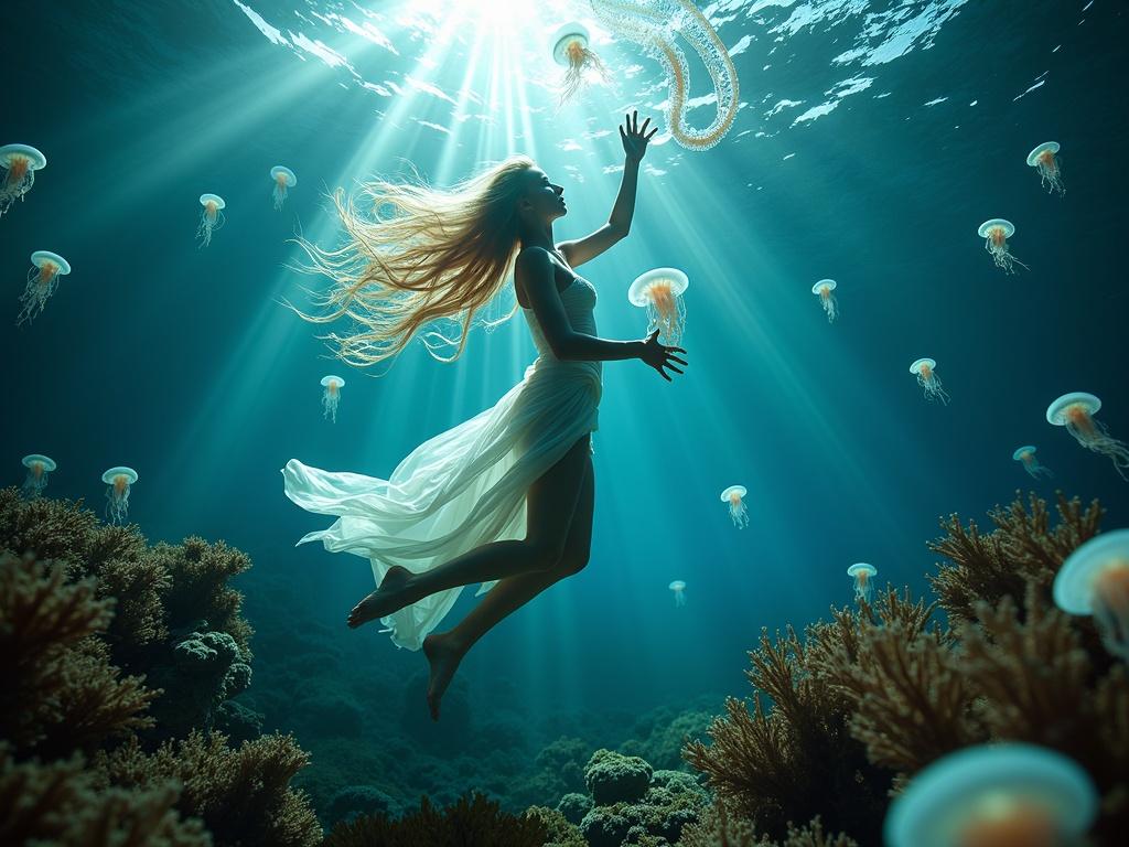 A Slavic tribal girl with blonde hair floats underwater. She dances gracefully with a tentacled creature. Glowing jellyfish surround her. Sunrays break through the water surface. The mood is peaceful and dreamlike.