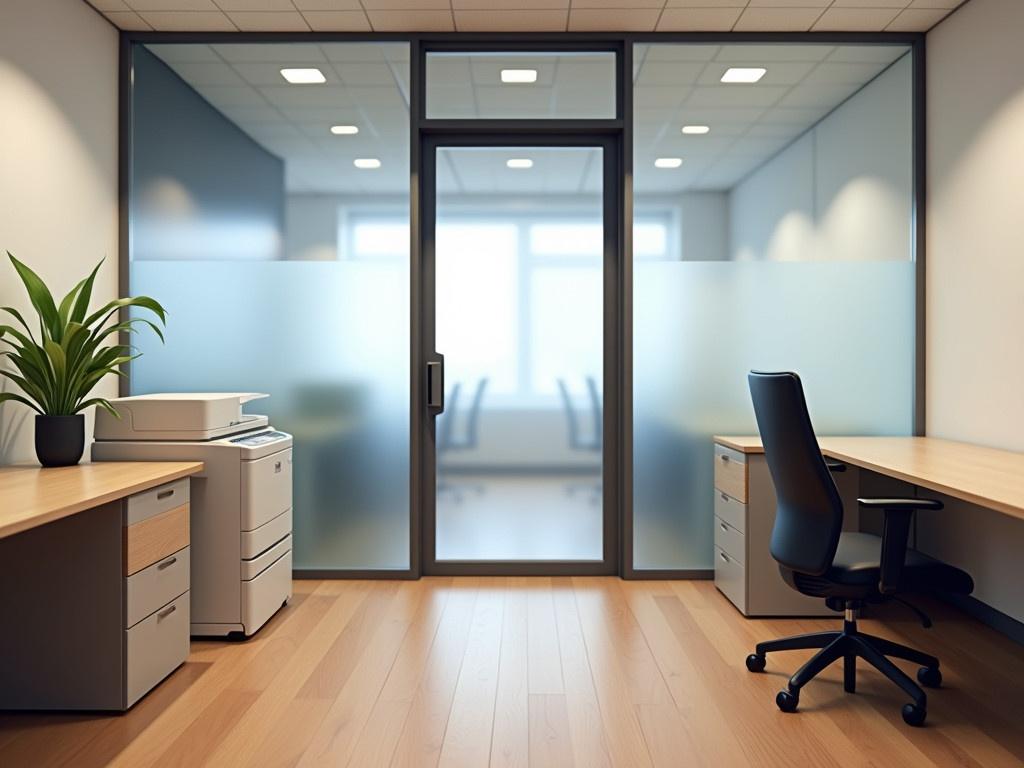 The image depicts a modern office interior with a clean and well-organized layout. There is a stylish glass partition that separates two spaces, allowing for an open feel while providing privacy. On the left side, a photocopy machine is placed next to filing cabinets, indicating a functional workspace. The floor is made of polished wood, contributing to a warm atmosphere. A small green plant is strategically placed to add a touch of nature to the office decor. Soft, ambient lighting fills the space, making it inviting and professional. The furniture is minimalistic, with a black ergonomic chair at one of the desks, suggesting a comfortable working environment.