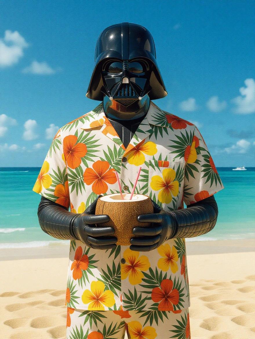 Darth Vader wearing a Hawaiian shirt and shorts. Holding a coconut drink with a straw. Set on a sunny beach with blue water.
