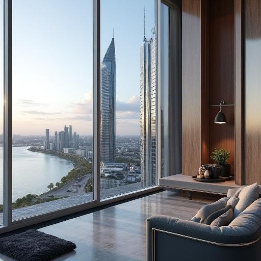 Image of luxurious high-rise condos interior. Large floor-to-ceiling windows. Stylish furniture. Scenic city skyline view. Calm evening lighting. Perfect for wealthy investors or executives.