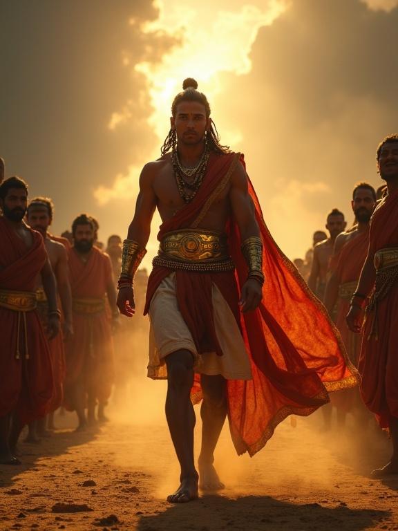 Dramatic scene at ancient Indian martial arena. Divine thunder echoes. Royals and sages turn heads in awe. Young warrior Karna enters from shadows into sunlight. His body glows with golden armor. Calm and confident expression. Dust rises around feet. Dark sky with thunderclouds parting.
