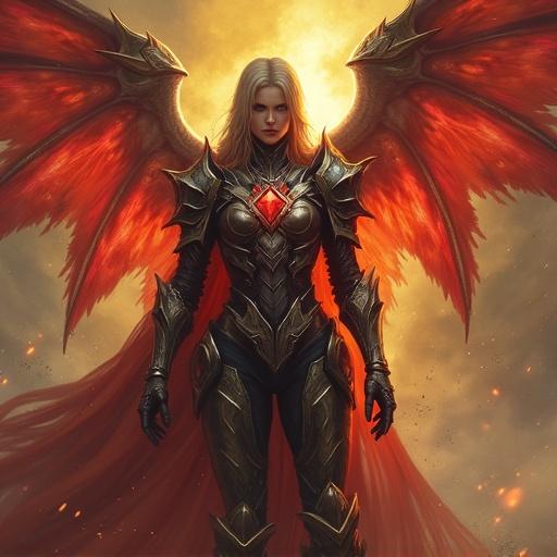 Character in armor with large wings. Red and yellow glow. Dramatic lighting. Strong pose. Fantasy setting.
