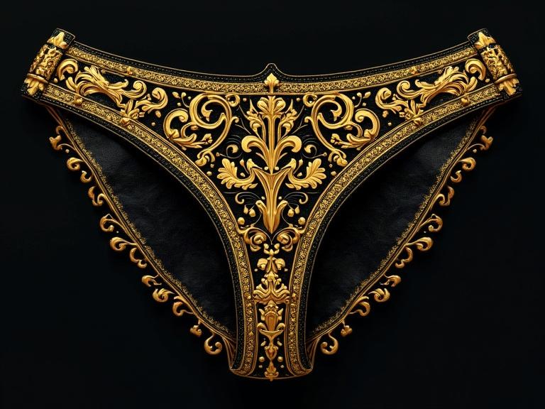 Intricate black and gold underwear design. Show intricate patterns and luxury details.