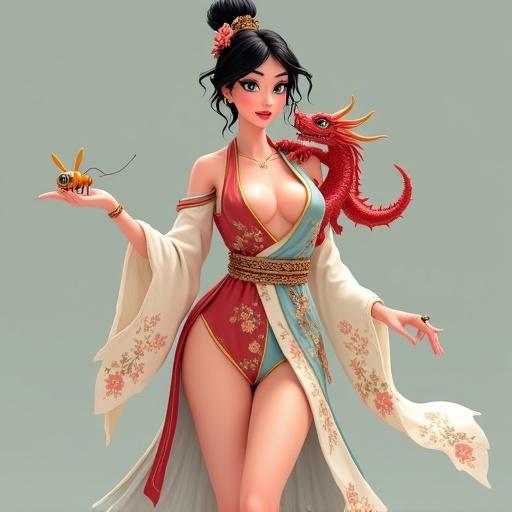 Female figure inspired by Mulan stands confidently. Wears a short oriental kimono with floral patterns. Side slit and subtle neckline enhance elegance. A small red dragon rests on her shoulder. A friendly cricket is in her hand. Classic hairstyle with a bun and loose strands. Gold accessories accentuate her look.
