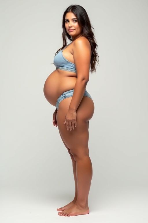A full-body image of a pregnant woman standing in a side profile. She wears a blue bikini top and bottom. Standing barefoot against a light gray background. Focus on her pregnancy belly.