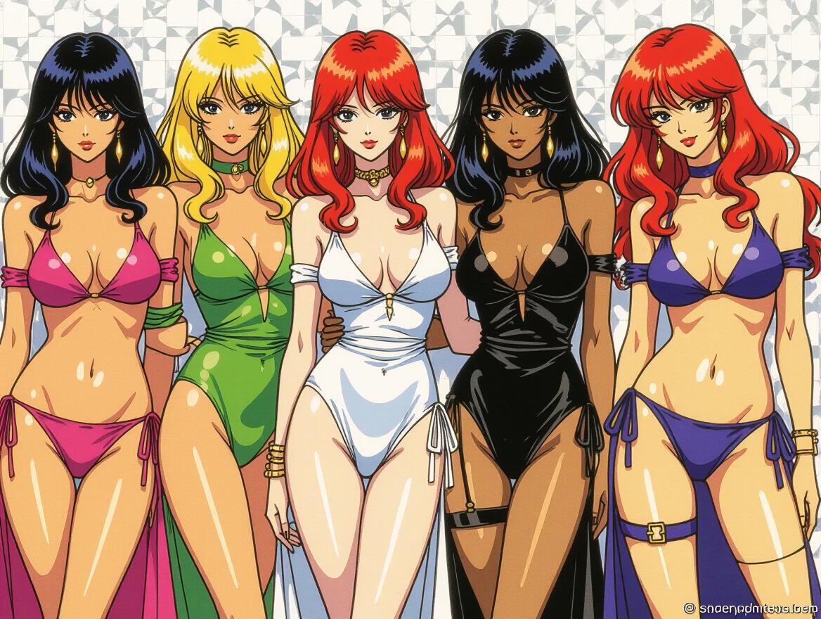 Five anime characters stand together wearing colorful swimsuits. The characters have distinct hairstyles and colors. Each character has a unique outfit accentuating their figure. Background is simple to focus on characters.