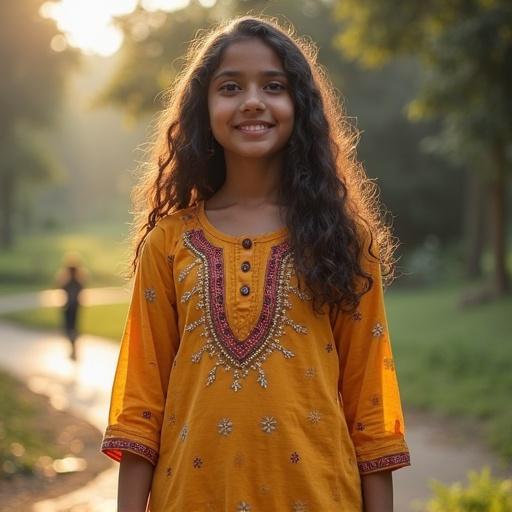 Indian girl wearing a yellow kurti in a lush outdoor setting. Sunlight filters through the trees creating a warm atmosphere. She looks cheerful while posing for a photograph.