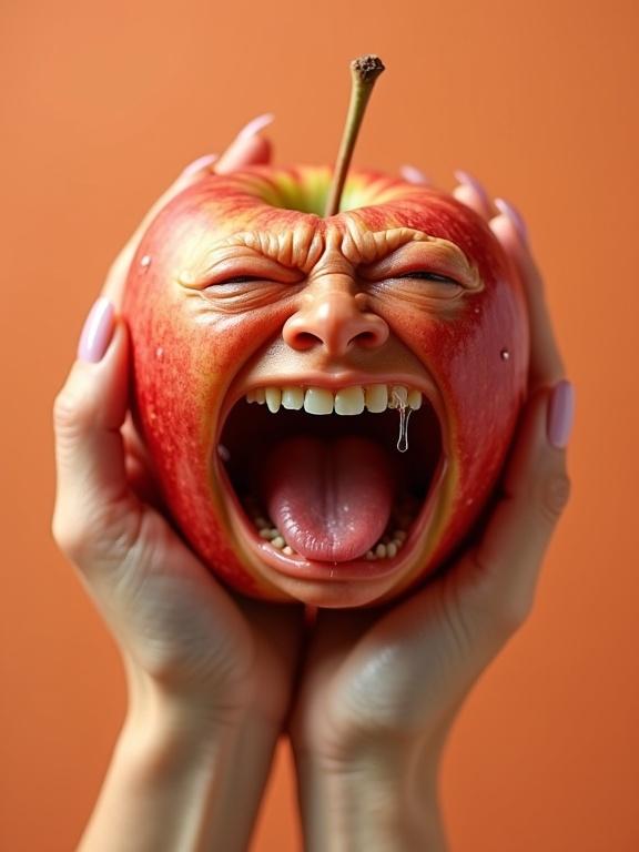 Hyper-realistic apple with a small human face, held mid-bite by a woman. Apple screams in agony with open mouth, snout-like nose, saliva, and sweat. Background is pastel orange. Stock photo style.