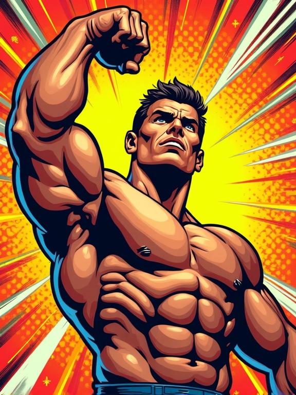 Vibrant graphic design in pop art style. Muscular arm raised in powerful gesture. Bold contrasting background. Classic comic book aesthetic. Dynamic movement and energy captured. Subtle sheen on skin.