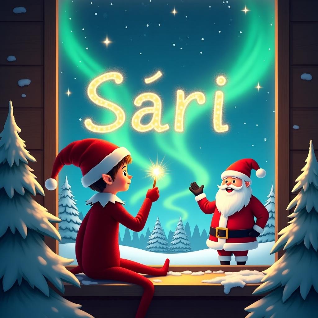 The image depicts a cheerful scene featuring an elf sitting by a window. The elf is turned with its back to the viewer, facing a mesmerizing sky filled with northern lights. Holding a sparkling wand, the elf writes the name 'Sári' in shimmering light. Outside, Santa Claus stands joyfully, contributing to the festive mood. The window is surrounded by snow-covered trees, enhancing the enchanting winter atmosphere.