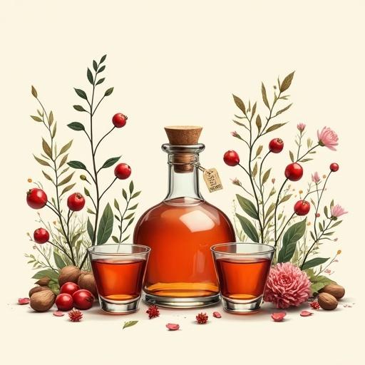 Apothecary-style bottle of 'ALFRUNO' in front of two cocktail glasses. Surrounded by rosehips and blooming herbs. Cork lid on the bottle. Soft light creates a golden-reddish glow. White-beige background. Elegant design with a minimalist style.