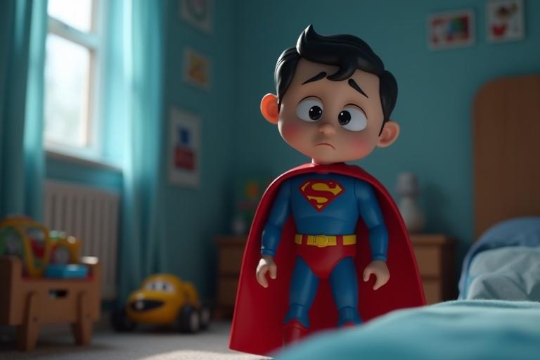 A dramatic 3D animated scene of a toy superhero in a bedroom. The toy character shows sadness and jealousy. A red cape droops slightly. Muted daylight colors create a soft ambiance. The background is blurred with a child playing.