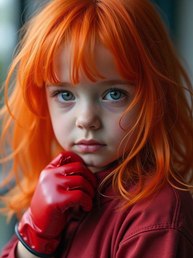 A girl with bright orange hair wearing a red glove poses thoughtfully. Clothing style complements the vibrant colors. Focus on hair and glove with a soft background for depth.