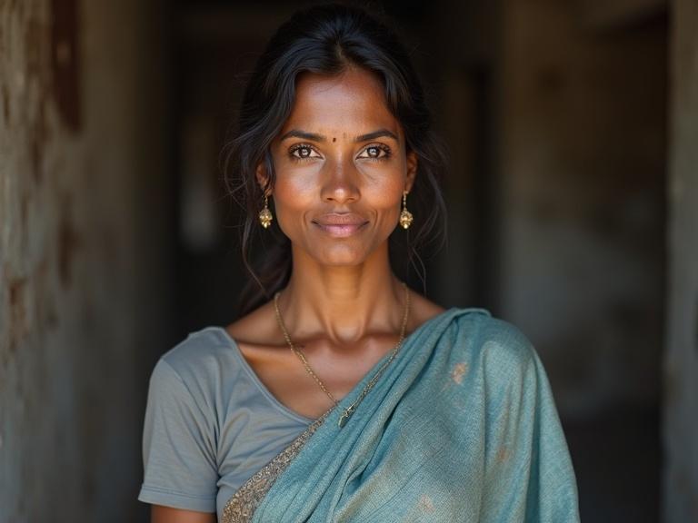 A woman wearing a light blue saree stands in a dimly lit corridor. She has dark skin, small eyes, and her hair is tied in a bun. The attire is slightly dirty, adding a sense of realism.