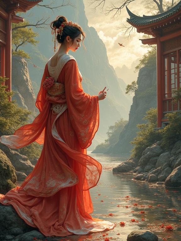 A girl stands gracefully near a river in traditional attire. Flowing dress in coral red. Scenic backdrop with mountains and trees. Soft light enhances the beauty of nature.