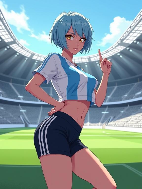 Digital illustration of a female soccer player in an Argentinian jersey and black shorts. She has a short light blue haircut and golden eyes. The character is posed flirtatiously in a soccer stadium with a green pitch and grey seats. Background features modern architecture and lighting effects.