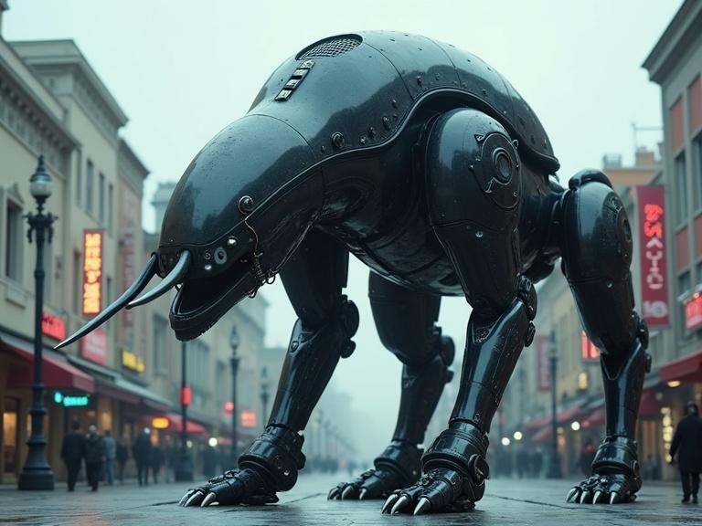 A dark, live-action scene featuring a huge, realistic mechanical creature resembling an animal. The robot has sleek and smooth metallic surfaces, six legs, a small head, and two long metallic tusk-like blades. It stands in a town plaza with stores and light poles, surrounded by people. Details include glowing blue lights, organic lines, and HDR effects, giving a cinematic feel.