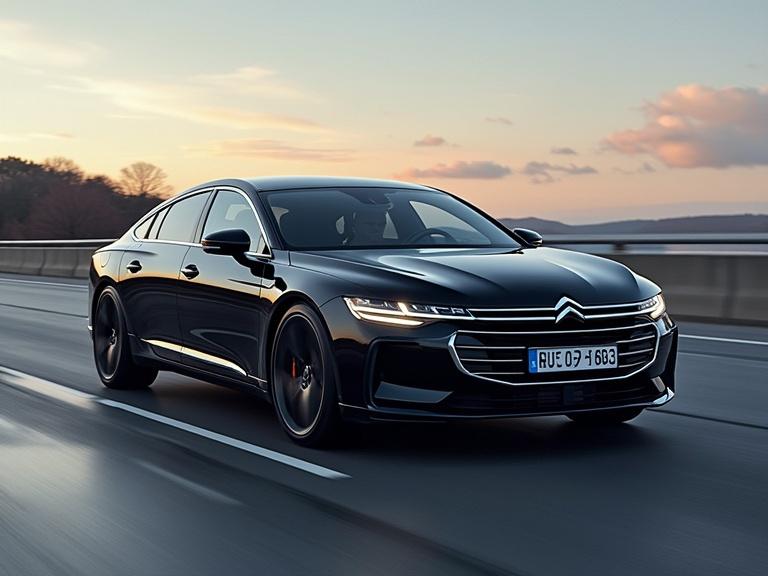 Modern Citroen C6 car in black color driving on the highway.