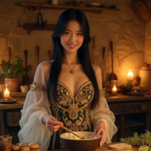 Beautiful Japanese woman cooking in rustic kitchen. Long black hair. Elegant medieval gown with gold embroidery. Warmly lit atmosphere. Soft smile. Inviting gaze.