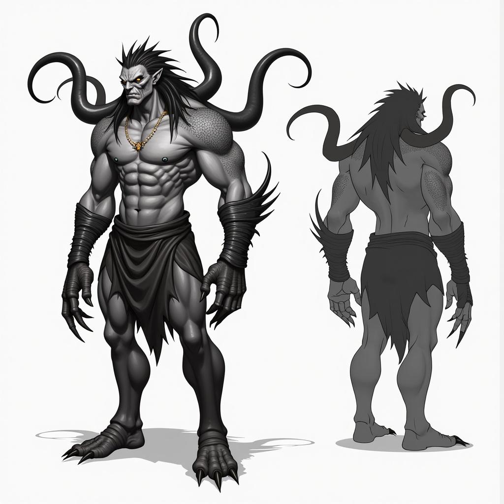 Character design of a muscular monster showcasing multiple views. Creature has tentacles and long claws. Wears scales and has a detailed physique.