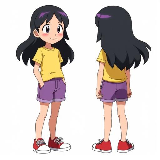 Turn-around sheet of a cartoon character in anime style. Character is a cheerful girl with long black hair. She wears a bright yellow t-shirt, purple shorts, and red sneakers. Shows three angles: front, side, back. Embodies a playful and adventurous spirit suitable for various media applications.