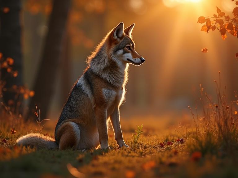 A fox in profile sitting in a forest during golden hour. Warm autumn colors and soft light illuminate the surroundings. The atmosphere is calm and peaceful.